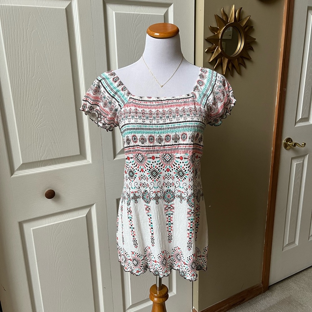 Roz & Ali Cream Top Fitted Smocked Blouse